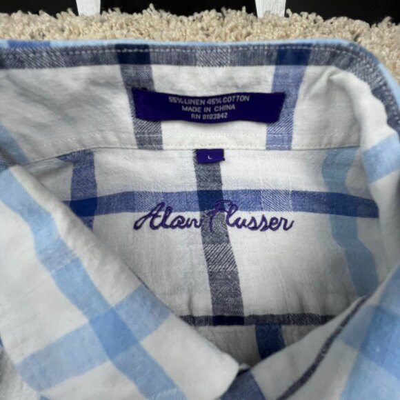 Alan Flusser Linen Blend Shirt Men Large Short Sleeve Button Up White Blue Check - Picture 3 of 6